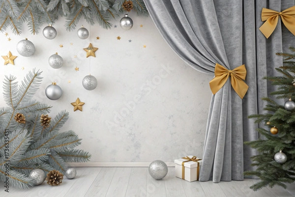 Fototapeta Velvet silver stage curtains and a backdrop adorned with gold ribbons and stars. Luxury. Event. Party. Sophistication. White background.