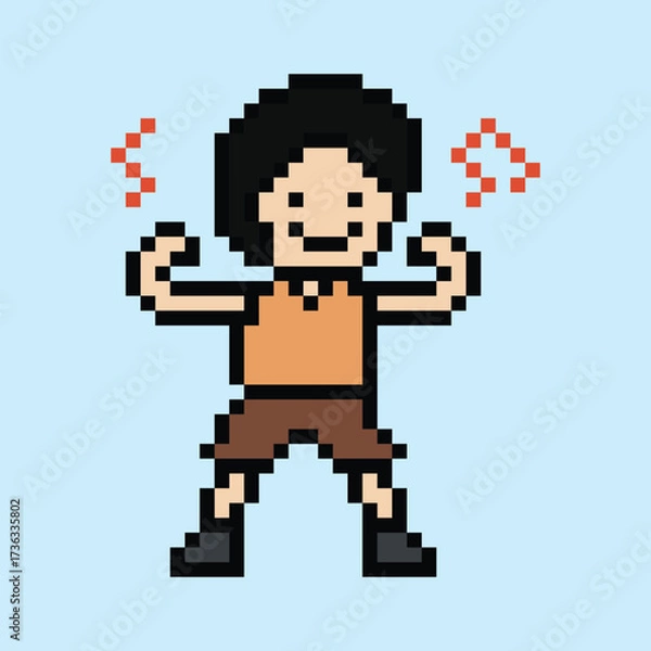 Fototapeta Cute cartoon pixel character cute man exercises training aerobic dance lifestyle music decoration life style 8 bit male boy dance background with music game 8bit fitness vector.