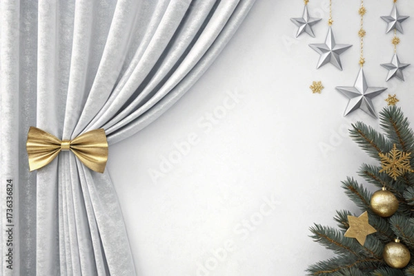 Fototapeta Velvet silver stage curtains and a backdrop adorned with gold ribbons and stars. Luxury. Event. Party. Sophistication. White background.