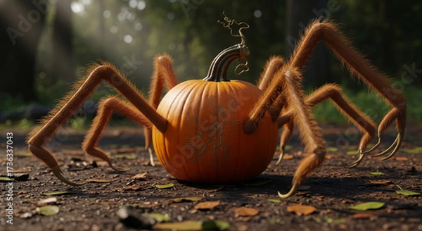 Fototapeta Pumpkin spider hybrid sits on forest floor surrounded by fallen leaves in spooky Halloween setting