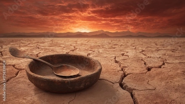 Fototapeta Rusty bowl with spoon rests on cracked ground during sunset in a barren landscape