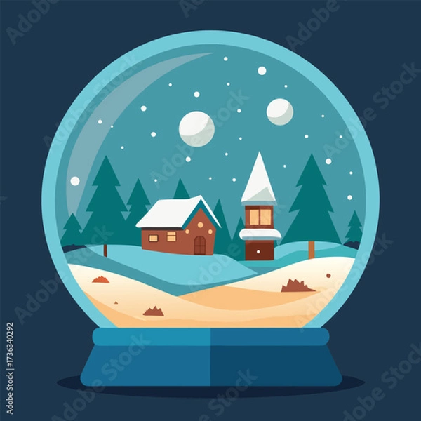Obraz Stylized Winter Snow Globe Scene with Cabin and Trees on Blue Background