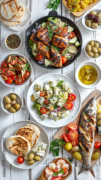 Fototapeta Flat lay of Mediterranean dishes including dips, olives, and grilled specialties. Generative AI
