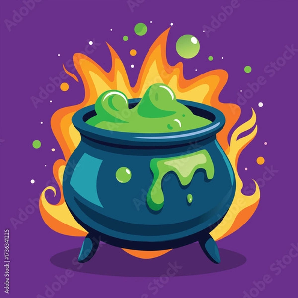 Obraz Cartoon Halloween witch's cauldron, bubbling potion, with flames and purple background