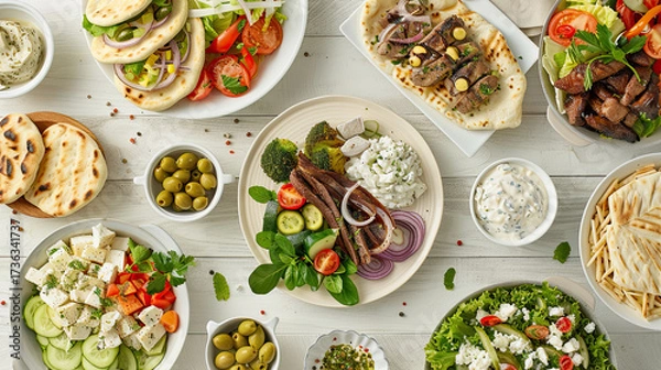 Fototapeta Mediterranean dishes styled with authentic textures and classic Greek ingredients. Generative AI