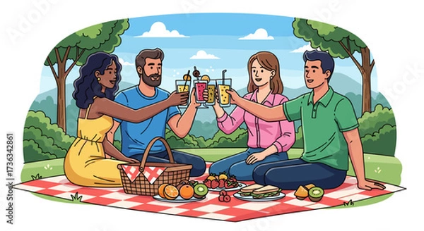 Fototapeta Illustration of friends enjoying picnic in park with drinks and food on blanket for outdoor recreation