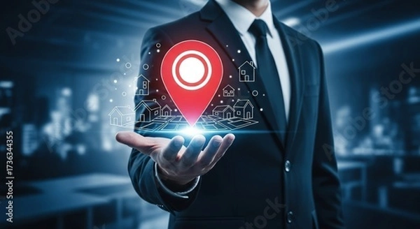 Fototapeta Location Concept: A professional in a sleek suit presents a vibrant red location marker above a representation of houses and buildings.