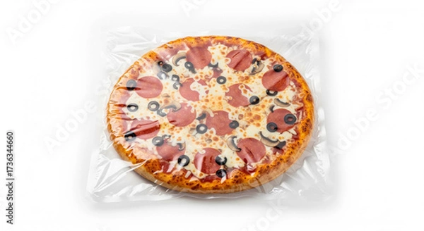 Fototapeta Frozen Pepperoni Pizza in Plastic Wrap