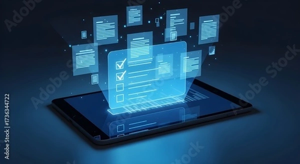 Fototapeta Digital checklist displayed on a tablet screen, representing online forms and task management in a futuristic interface.
