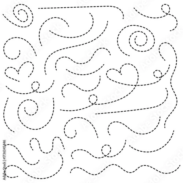 Fototapeta Hand drawn curve dotted line vector set. Path travel dotted line trip dashed trace destination track plan and silhouette, travelling symbol . Transport dot paths lines traces tourism design. 