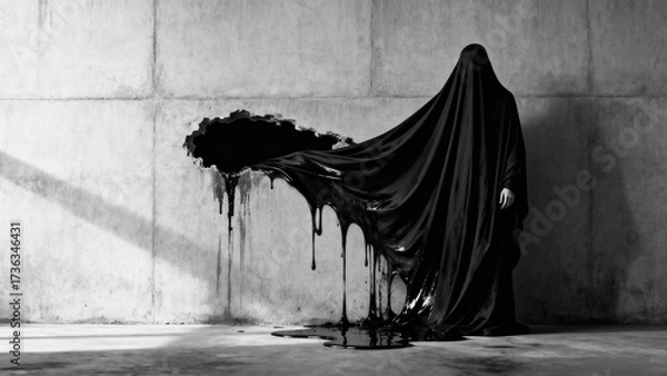 Fototapeta A mysterious figure shrouded in black fabric stands as a dark, viscous liquid drips and melts onto the floor. A surreal and abstract monochrome concept.
