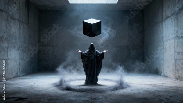 Fototapeta A mysterious cloaked figure performs a dark ritual, levitating a black cube with smoke in a concrete chamber lit from above. A concept of magic and power.