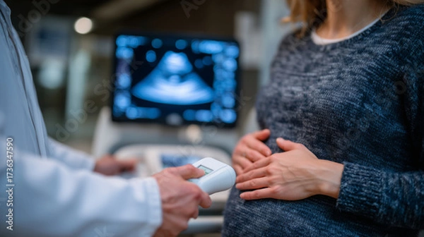 Fototapeta Doctor performing ultrasonography with handheld sensor on expectant motherâs belly, close-up focus on device and gentle medical touch, blurred monitor in background