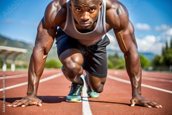 Fototapeta A sprinter in starting position on a red track, focused and ready to launch into motion. Wearing red and black sportswear, the athlete is captured in a moment of intense concentration and power.