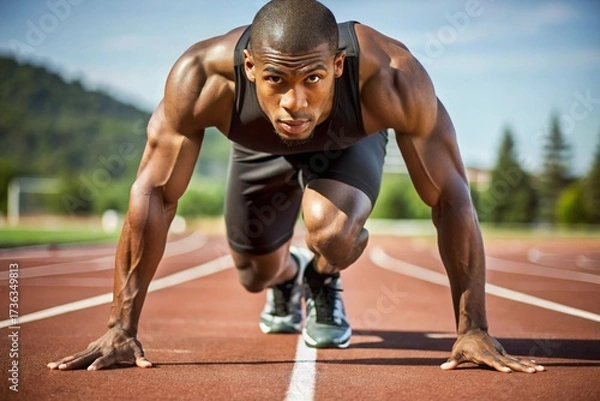 Fototapeta A sprinter in starting position on a red track, focused and ready to launch into motion. Wearing red and black sportswear, the athlete is captured in a moment of intense concentration and power.