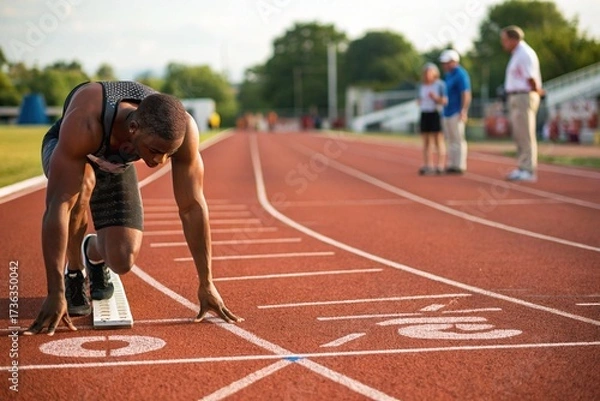 Fototapeta A sprinter in starting position on a red track, focused and ready to launch into motion. Wearing red and black sportswear, the athlete is captured in a moment of intense concentration and power.