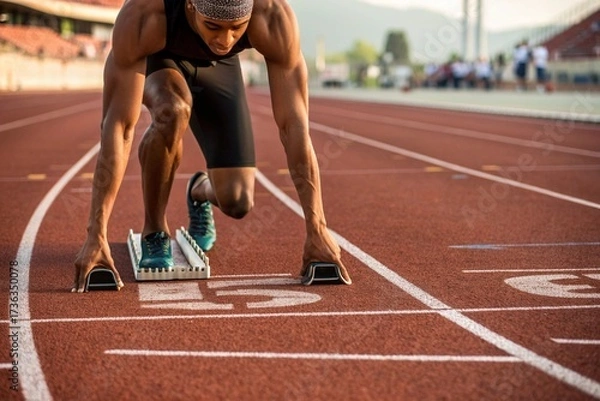 Fototapeta A sprinter in starting position on a red track, focused and ready to launch into motion. Wearing red and black sportswear, the athlete is captured in a moment of intense concentration and power.