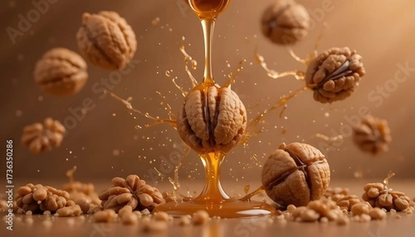 Fototapeta Honey drizzled on walnuts with some airborne. Splash effect against a brown background