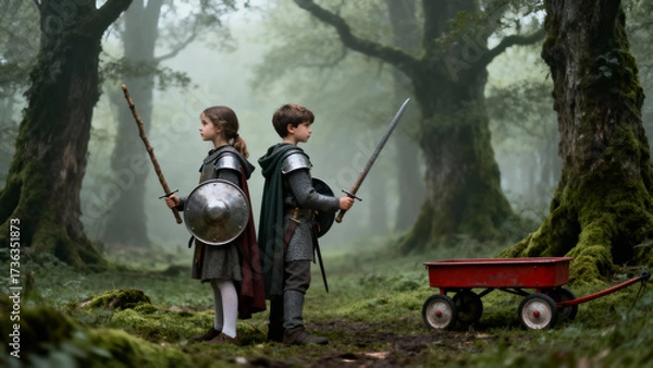 Fototapeta A young boy and girl dressed as knights stand back-to-back in a foggy forest. A story of childhood imagination, adventure, and brave friendship.