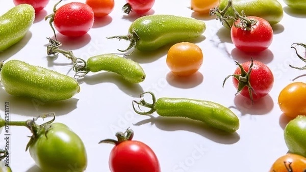 Fototapeta Fresh and Colorful Assortment of Tomatoes and Peppers on White Background