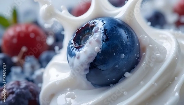 Fototapeta Close-up of a blueberry splashing into creamy white liquid, surrounded by other berries