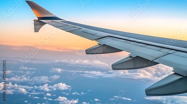 Fototapeta View from airplane window showing sunrise glow above clouds with warm tones filling sky