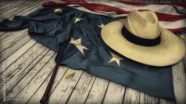 Fototapeta American Flag with Straw Hat and Wooden Rifle on Weathered Wooden Surface