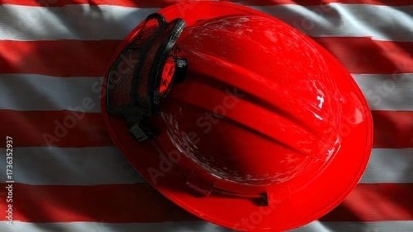 Fototapeta Bright Red Firefighter Helmet on Striped Red and White Background for Safety and Service Themes