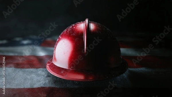 Fototapeta Red Firefighter Helmet on Flag Background with Droplets of Water and Dramatic Lighting