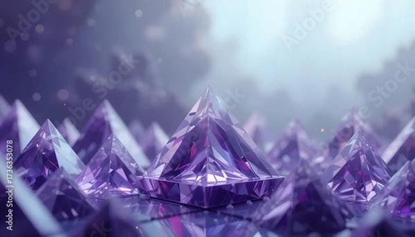 Fototapeta A cluster of glistening purple crystals with sharp edges against a cloudy, hazy sky