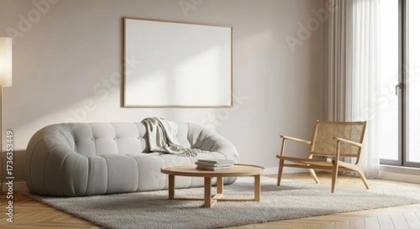 Fototapeta Modern living room with a comfortable sofa, armchair, coffee table, and a large blank picture frame on the wall, bathed in natural light