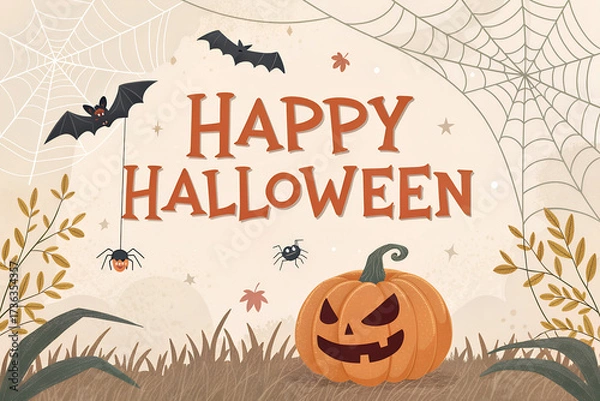 Fototapeta Happy halloween text banner with pumpkin,bats flying, spider, spider web, isolated on png or transparent background, font design , sale template ,website, poster, vector illustration