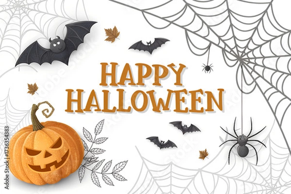 Fototapeta Happy halloween text banner with pumpkin,bats flying, spider, spider web, isolated on png or transparent background, font design , sale template ,website, poster, vector illustration