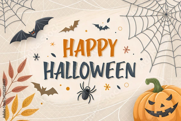 Fototapeta Happy halloween text banner with pumpkin,bats flying, spider, spider web, isolated on png or transparent background, font design , sale template ,website, poster, vector illustration