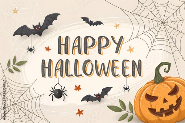 Fototapeta Happy halloween text banner with pumpkin,bats flying, spider, spider web, isolated on png or transparent background, font design , sale template ,website, poster, vector illustration