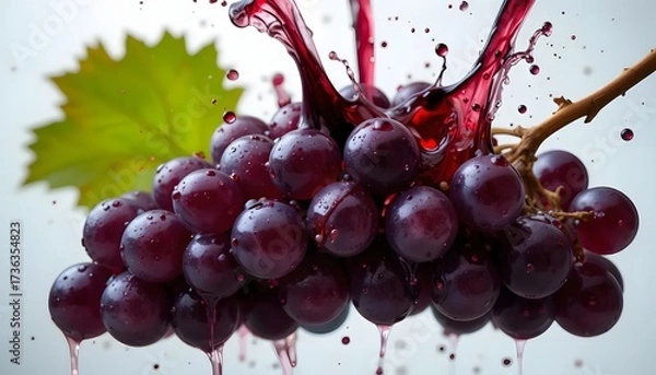Fototapeta Close-up of a cluster of purple grapes with juice splashing, a leaf, and vine details