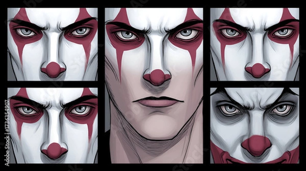 Fototapeta Dramatic close-up of a male clown character with striking makeup, showcasing intense expressions and emotions in a comic book style illustration, highlighting the art of performance