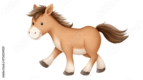 Fototapeta Cute cartoon horse illustration with a playful expression, trotting happily, showcasing its fluffy mane and tail, perfect for children's books and educational materials