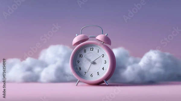 Fototapeta Pink alarm clock with white face and silver accents, positioned on a soft pink surface, surrounded by fluffy clouds, creating a whimsical and dreamy atmosphere of time