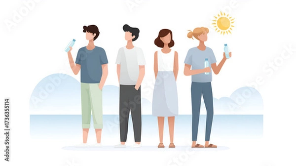 Fototapeta Group of diverse individuals standing together, holding water bottles, enjoying a sunny day outdoors, showcasing hydration and healthy lifestyle choices in a vibrant atmosphere