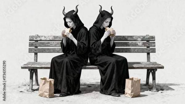 Fototapeta Two identical demons in black hooded robes with horns sit back-to-back on a bench, eating. A surreal, humorous concept of evil on a lunch break.