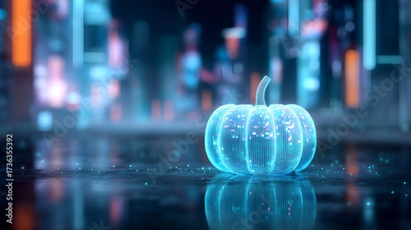 Fototapeta Futuristic glowing pumpkin with holographic design, set against a vibrant cityscape background, showcasing modern technology and digital artistry in a captivating scene