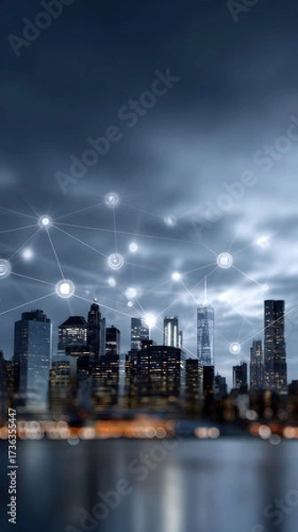 Fototapeta Urban skyline at dusk with digital network connections overlay, showcasing modern technology and innovation in a bustling metropolitan environment with a vibrant atmosphere