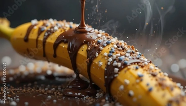 Fototapeta A whole banana covered in melted chocolate with sprinkles, steam rising, shallow depth of field