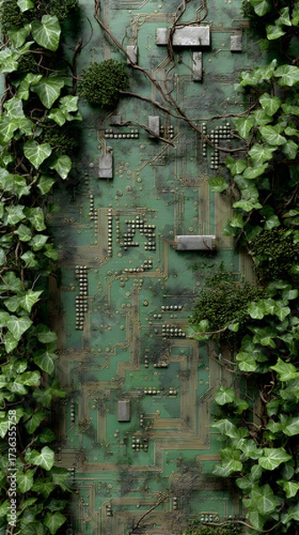 Fototapeta Green circuit board intertwined with lush ivy and moss, showcasing the fusion of technology and nature in a visually striking and thought-provoking composition