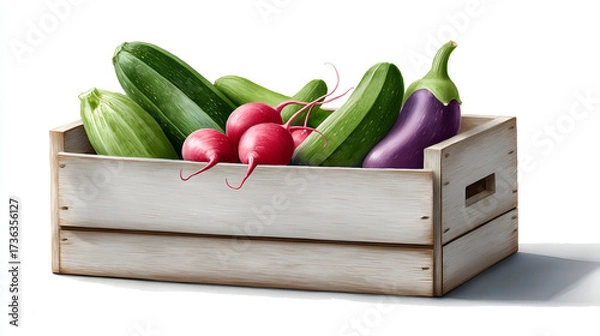 Fototapeta Fresh vegetables including cucumbers, radishes, and eggplants are arranged in a rustic wooden crate, showcasing vibrant colors and natural textures for healthy eating concepts