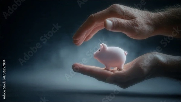Fototapeta Close-Up View of Hands Gently Holding a Piggy Bank on a Dark Background