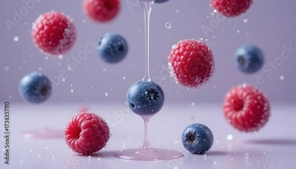 Fototapeta Floating raspberries and blueberries, with liquid pouring onto one, all on a purple backdrop