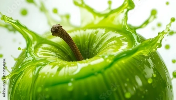 Fototapeta A close-up of a green apple causing a vibrant, liquid splash against a white backdrop