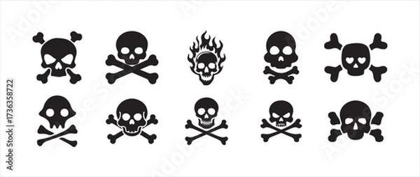 Fototapeta Black skull and crossbones warning symbol within a triangle danger, minimalist warning signs, safety labels,